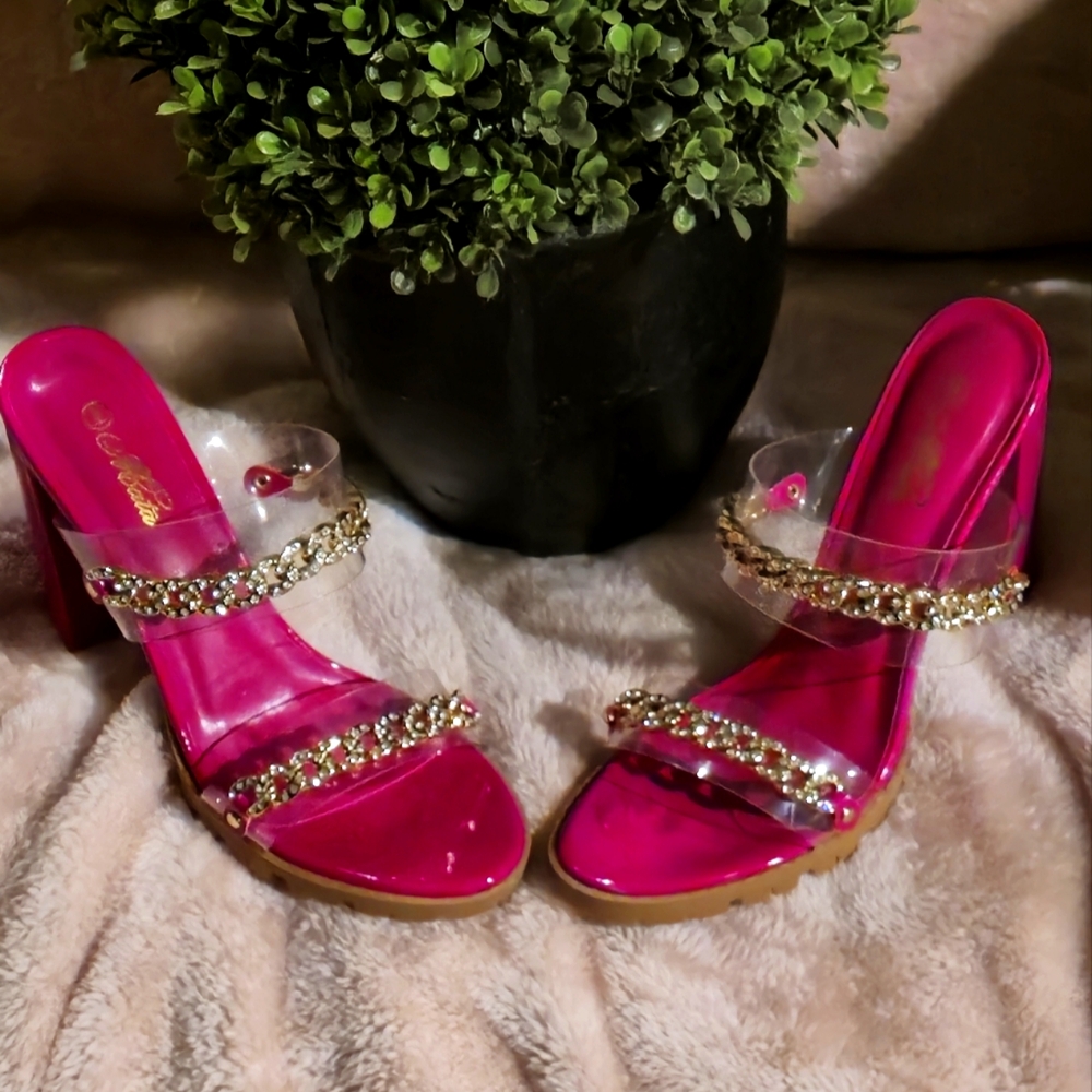 Elegant Pink Heels with Rhinestone Straps.